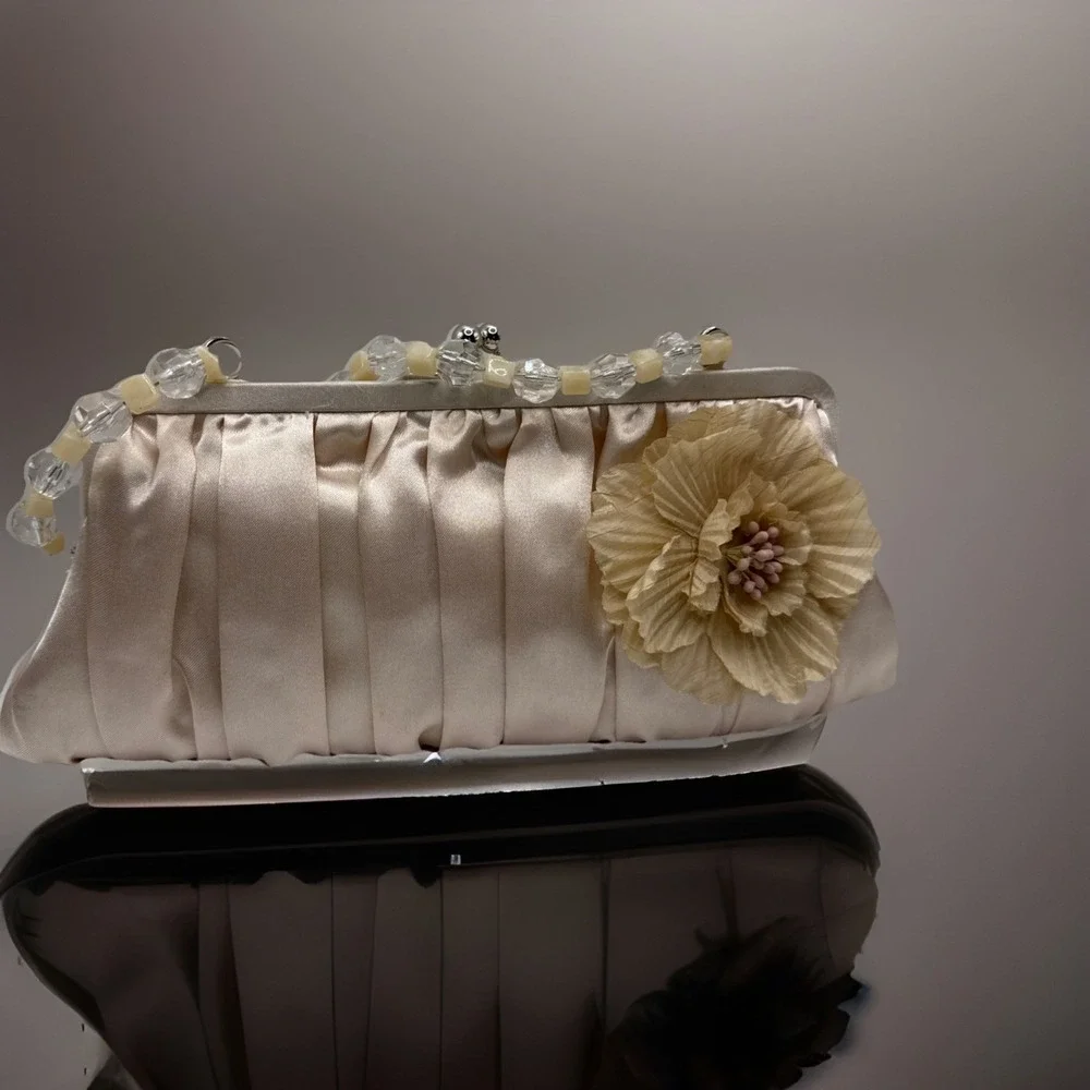 Vintage Champagne Satin Pleated Evening Clutch with Beaded Strap By Sasha NY